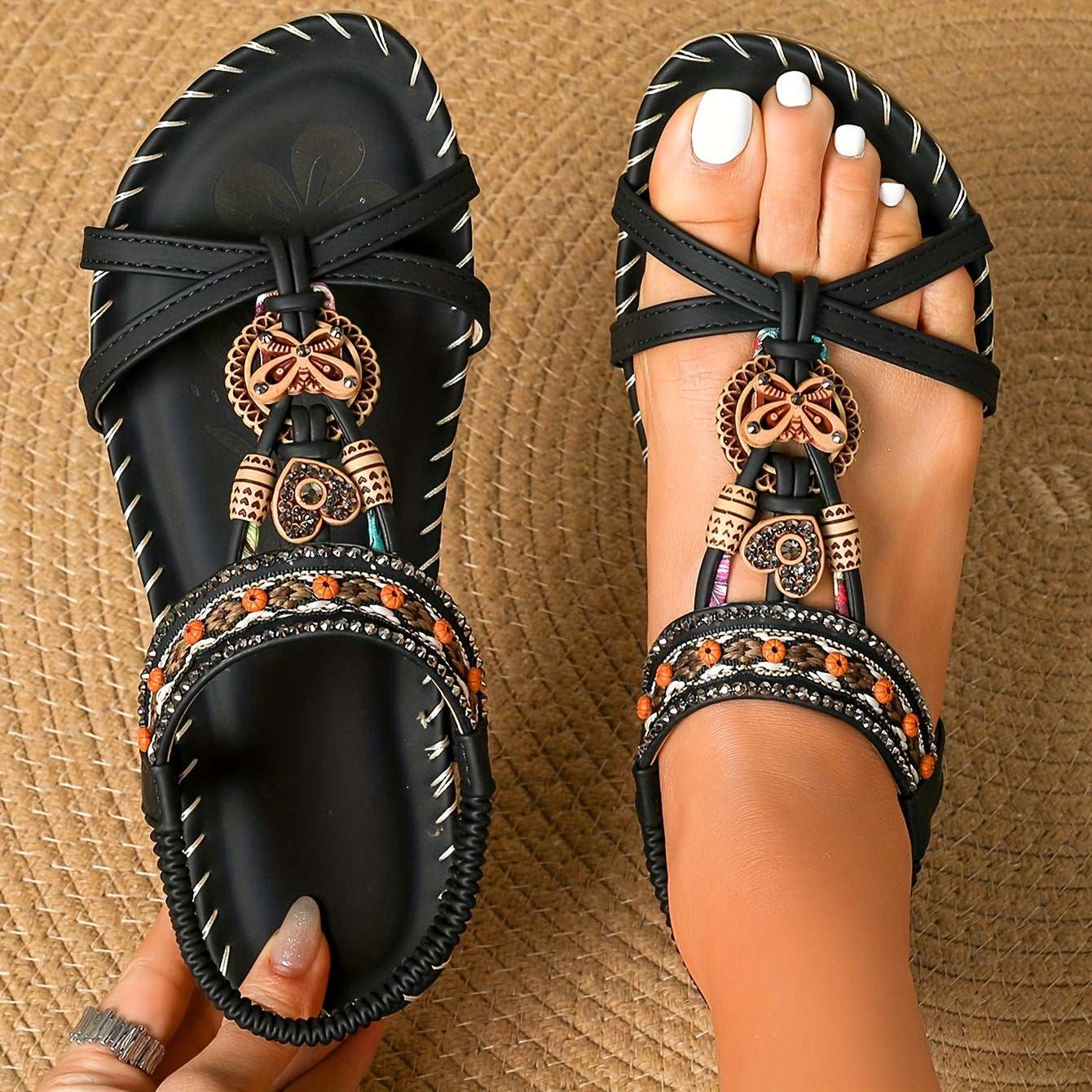 Bohemian flat floral rhinestone open toe sandals