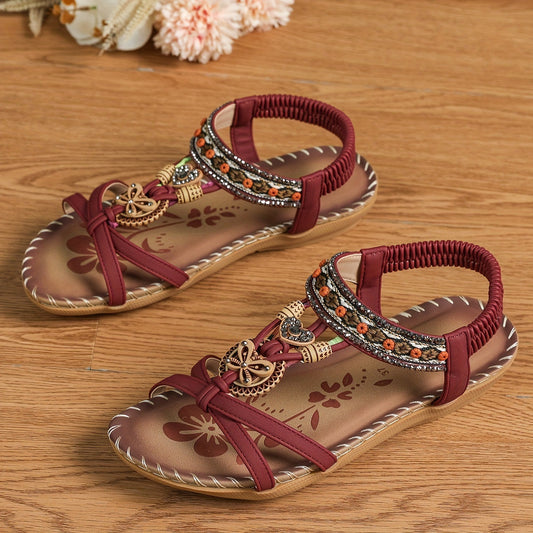 Bohemian flat floral rhinestone open toe sandals