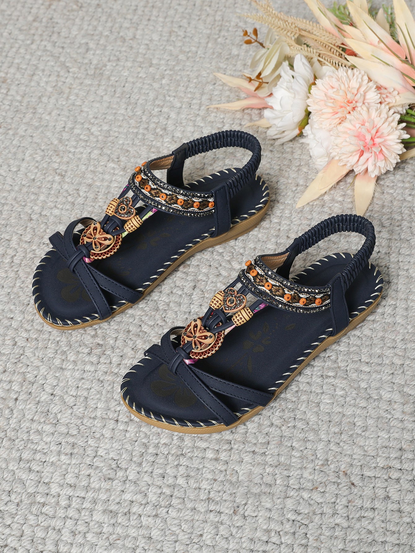 Bohemian flat floral rhinestone open toe sandals