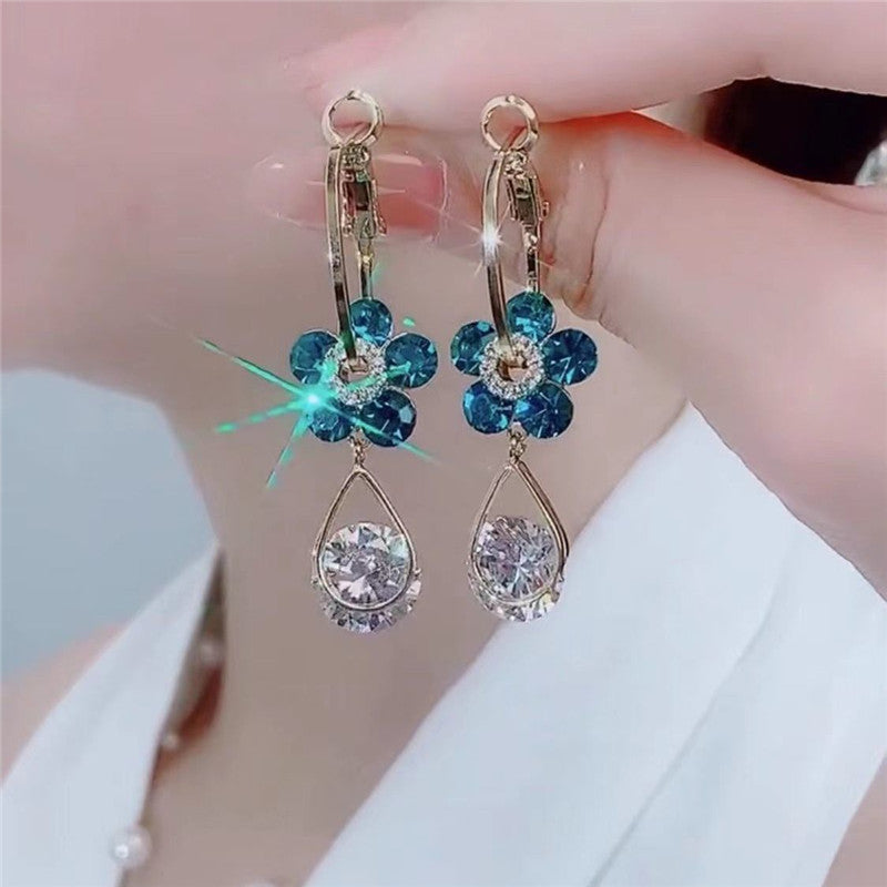 Fashion Blue Crystal Flower Earrings